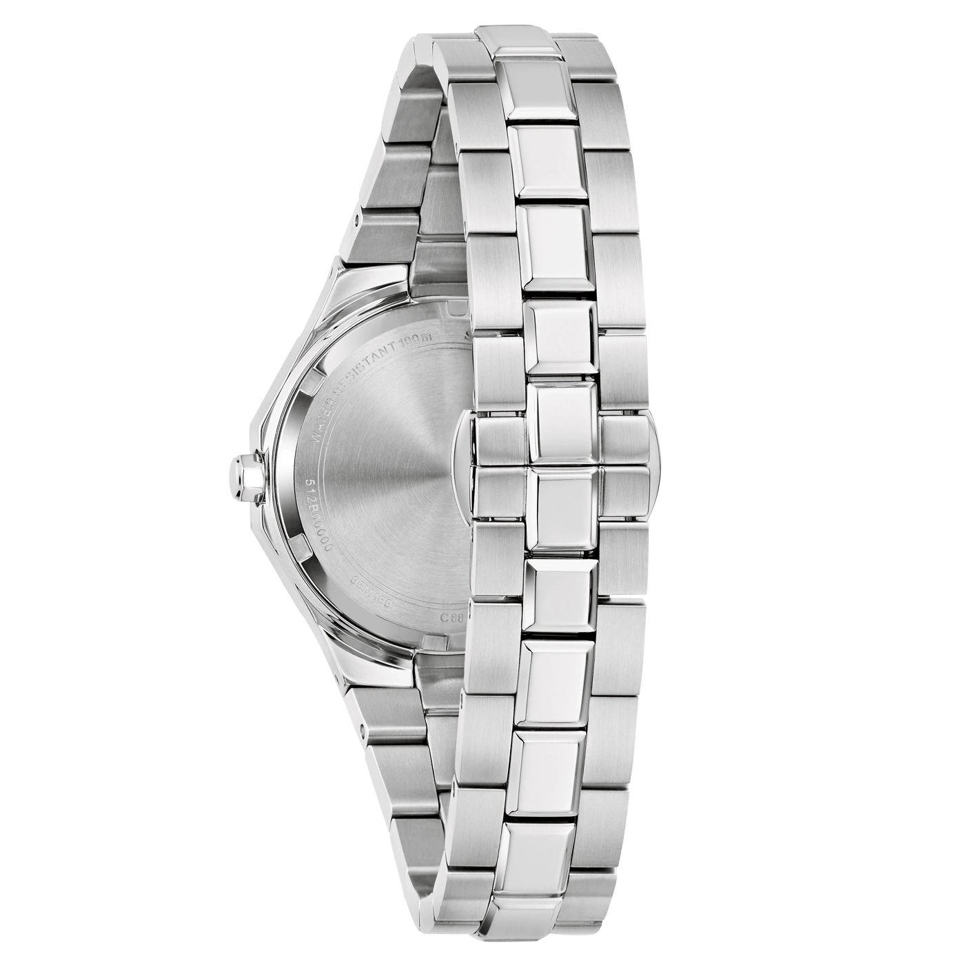 Zilveren horloge met metalen band, close-up, detail, achterkant, waterdicht, 100 m