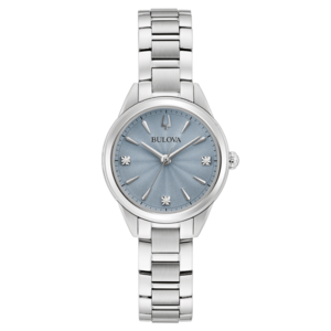 Bulova dameshorloge, zilveren band, blauwe wijzerplaat, diamanten, elegant ontwerp, accessoire