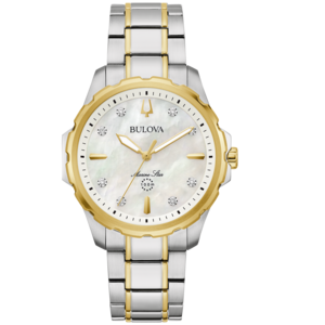 Bulova Marine Star horloge, goudkleurig, zilveren band, diamanten, parelmoer wijzerplaat