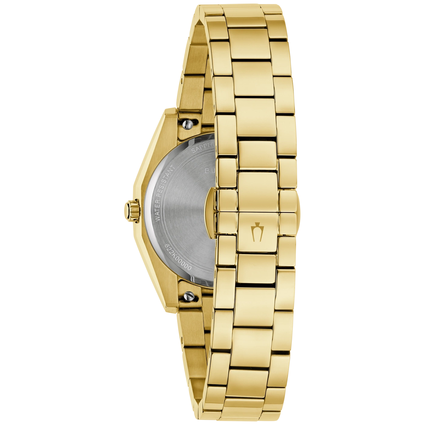 Een goudkleurig horloge met datumaanduiding en waterbestendigheid.
