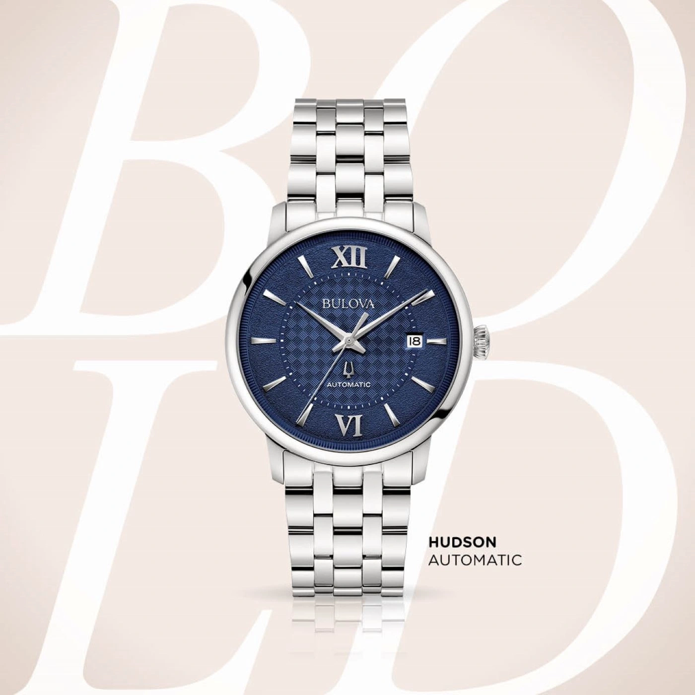 Bulova Hudson Automatic horloge, blauwe wijzerplaat, zilveren band, stijlvol design