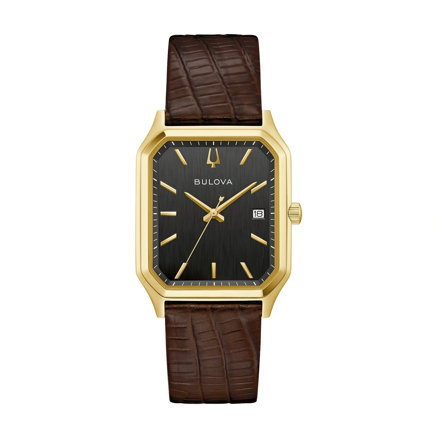Gouden Bulova horloge met zwarte wijzerplaat en bruine leren band