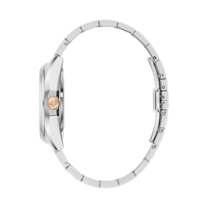 Horloge, zilveren band, roségouden details, zijaanzicht, elegant ontwerp, accessoire