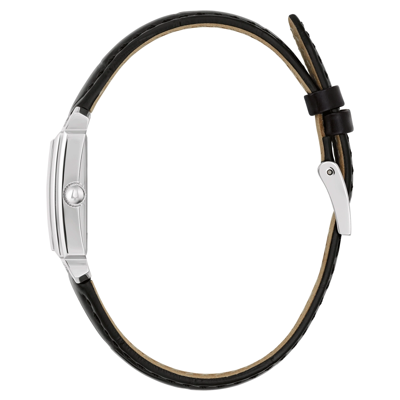 Horloge met zwart lederen band, zilveren kast, zijaanzicht, elegant, stijlvol, accessoire