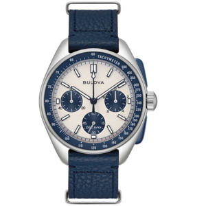 Bulova horloge met blauwe leren band, tachymeter, stijlvol design, perfect voor de liefhebber.