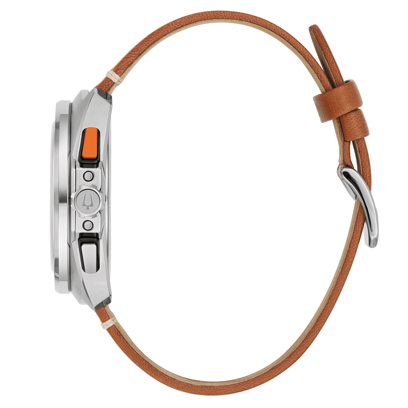 Horloge met bruine leren band, zilveren kast en oranje knop