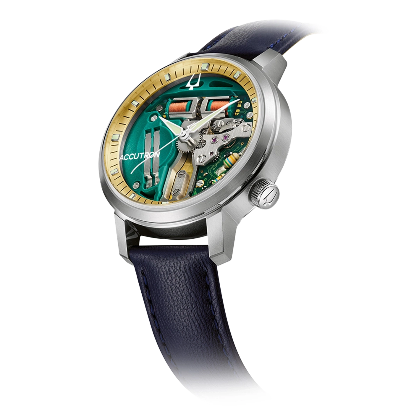 Een close-up van een Accutron horloge met een groen wijzerplaat en een blauw lederen bandje.