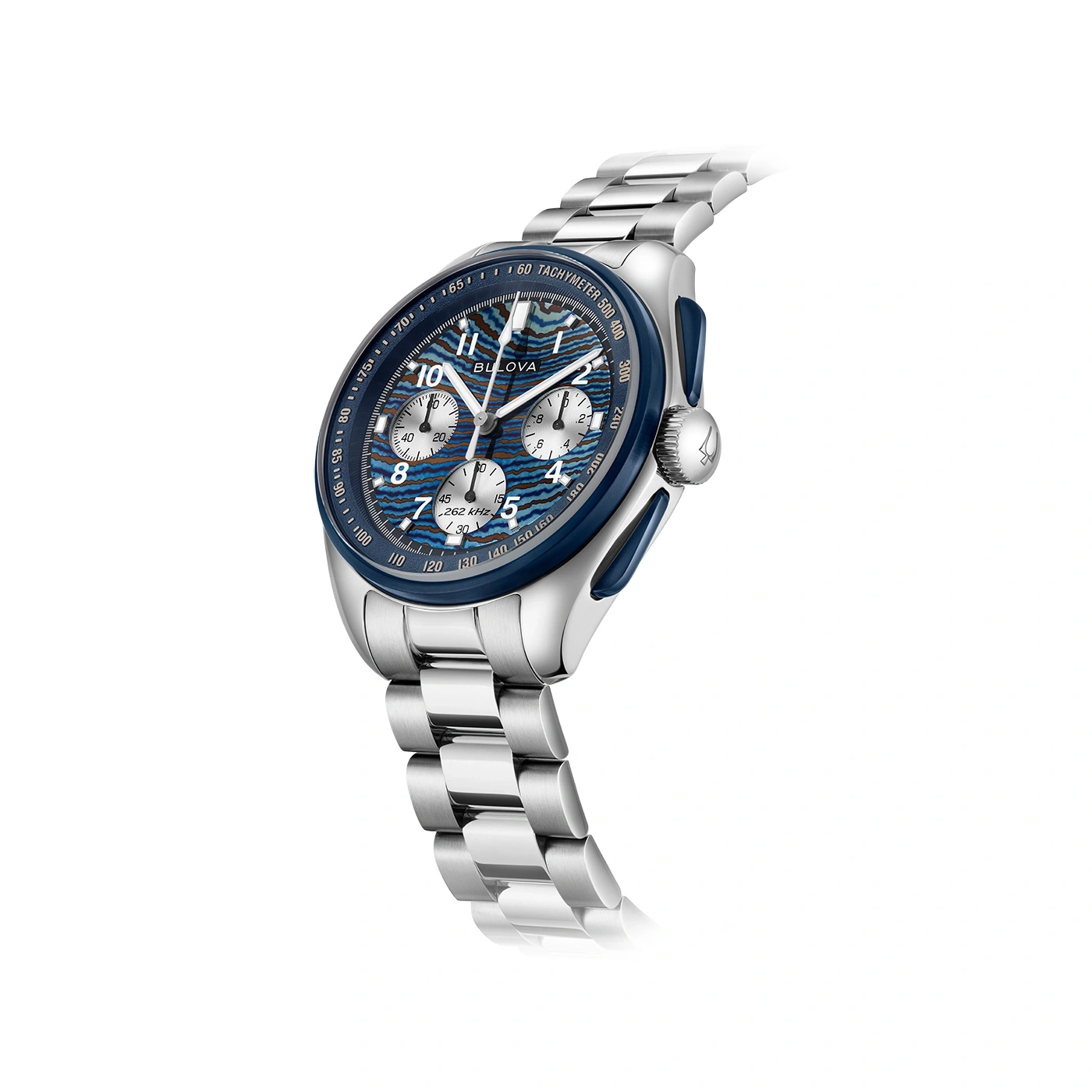 Bulova horloge met blauwe wijzerplaat en zilveren band, tachymeter functie.