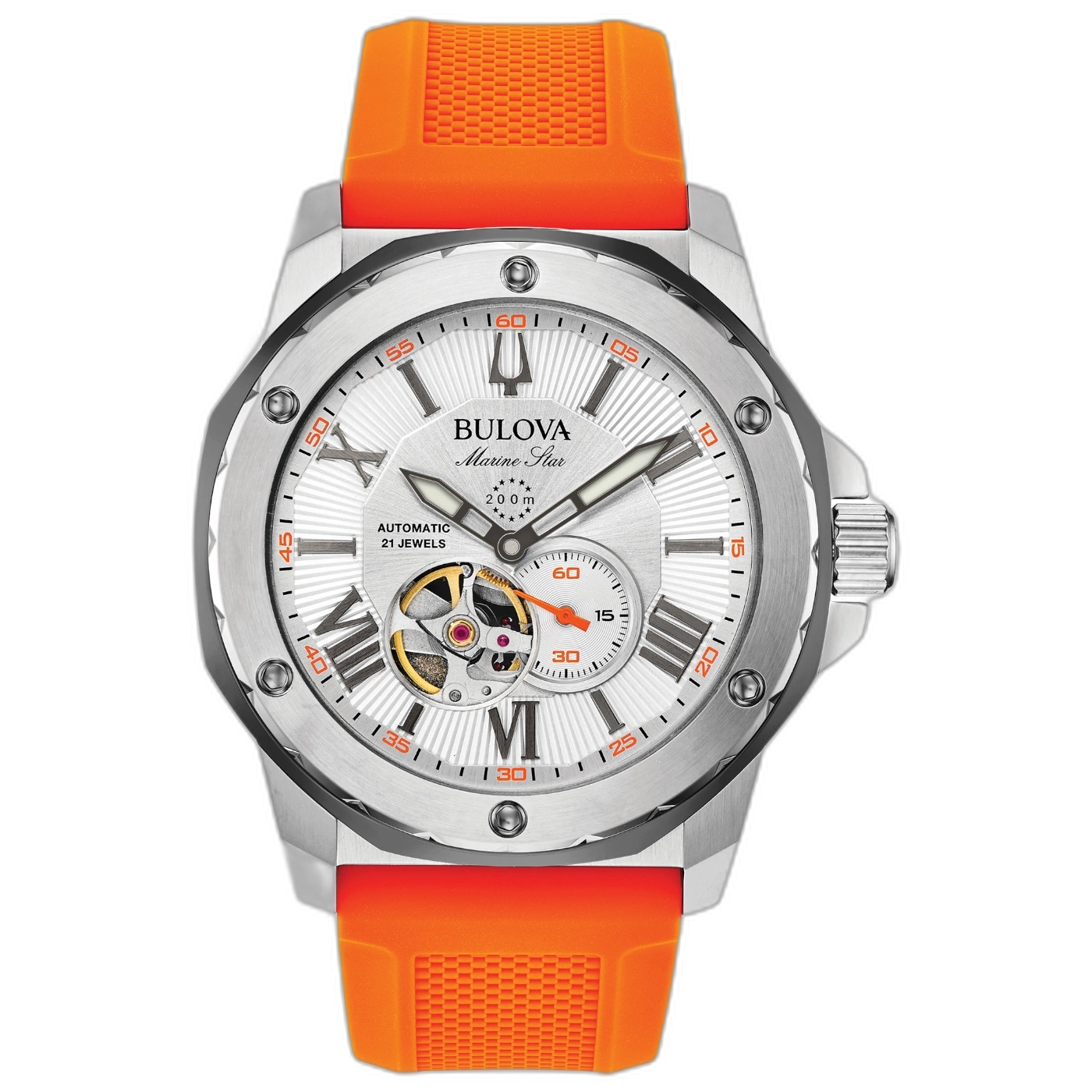 Bulova Marine Star horloge met oranje band op zwarte achtergrond, automatisch uurwerk.