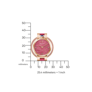 Horloge met roze wijzerplaat, roze band en roségouden kast, met meetschaal.