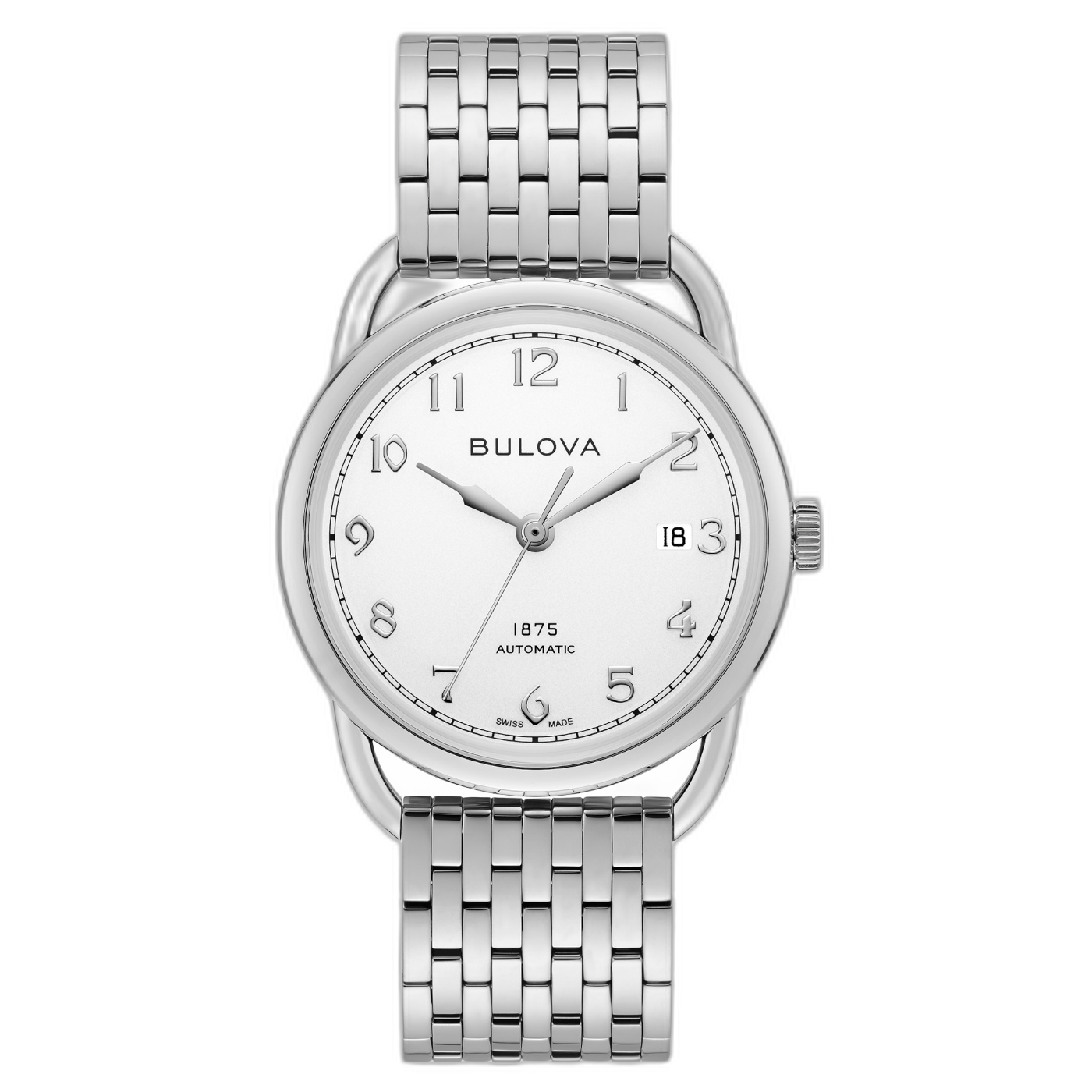 Zilveren Bulova horloge met witte wijzerplaat en band, automatisch, 1875, Swiss Made