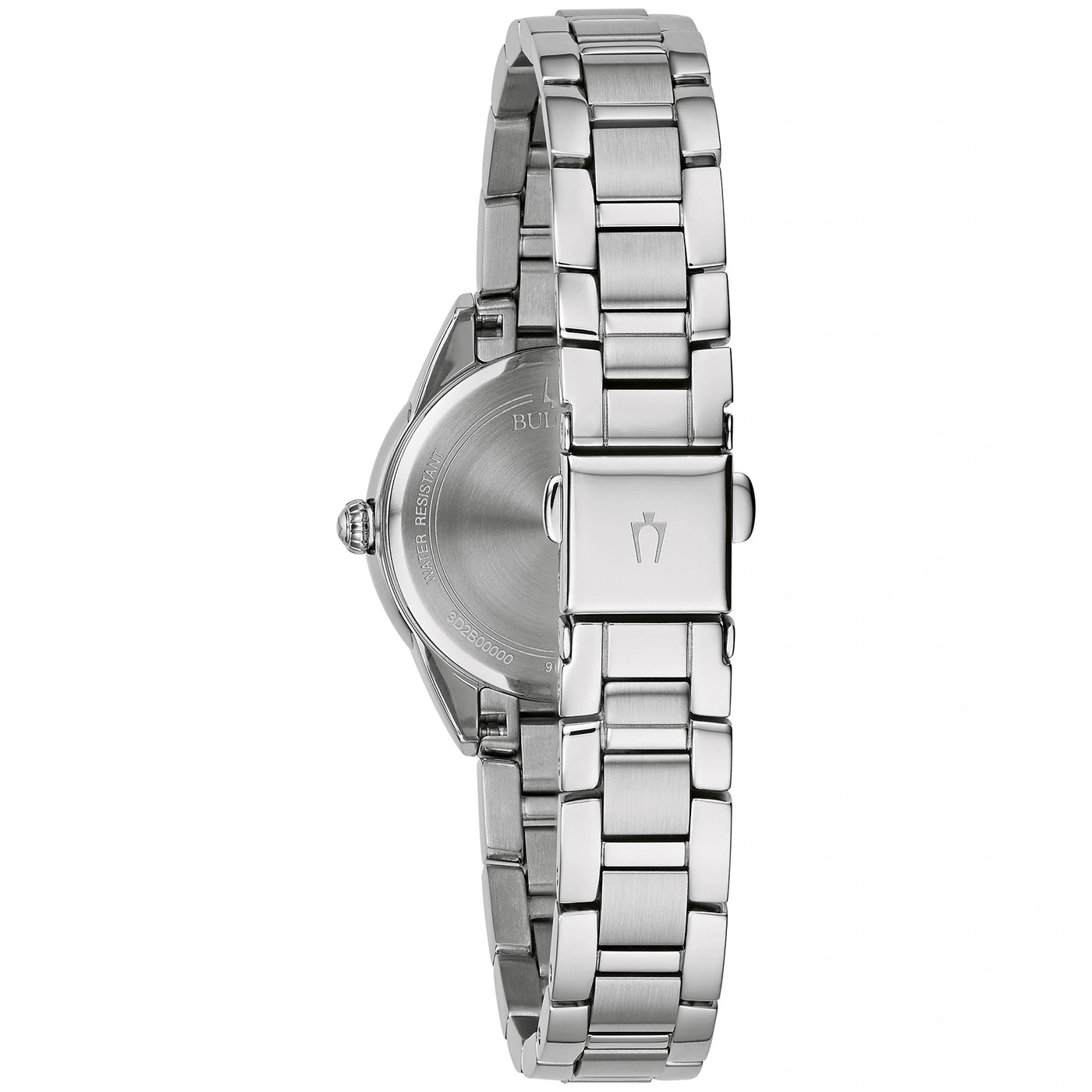 Zilveren horloge met metalen band, detailopname, achterkant, Bulova-logo