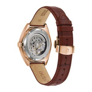 Bulova horloge, bruine leren band, roségouden kast, skelet wijzerplaat, roestvrij staal