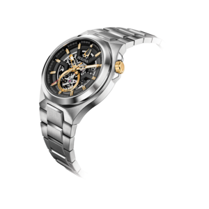 Bulova herenhorloge, zilveren kast, zwarte wijzerplaat, gouden accenten, automatisch uurwerk