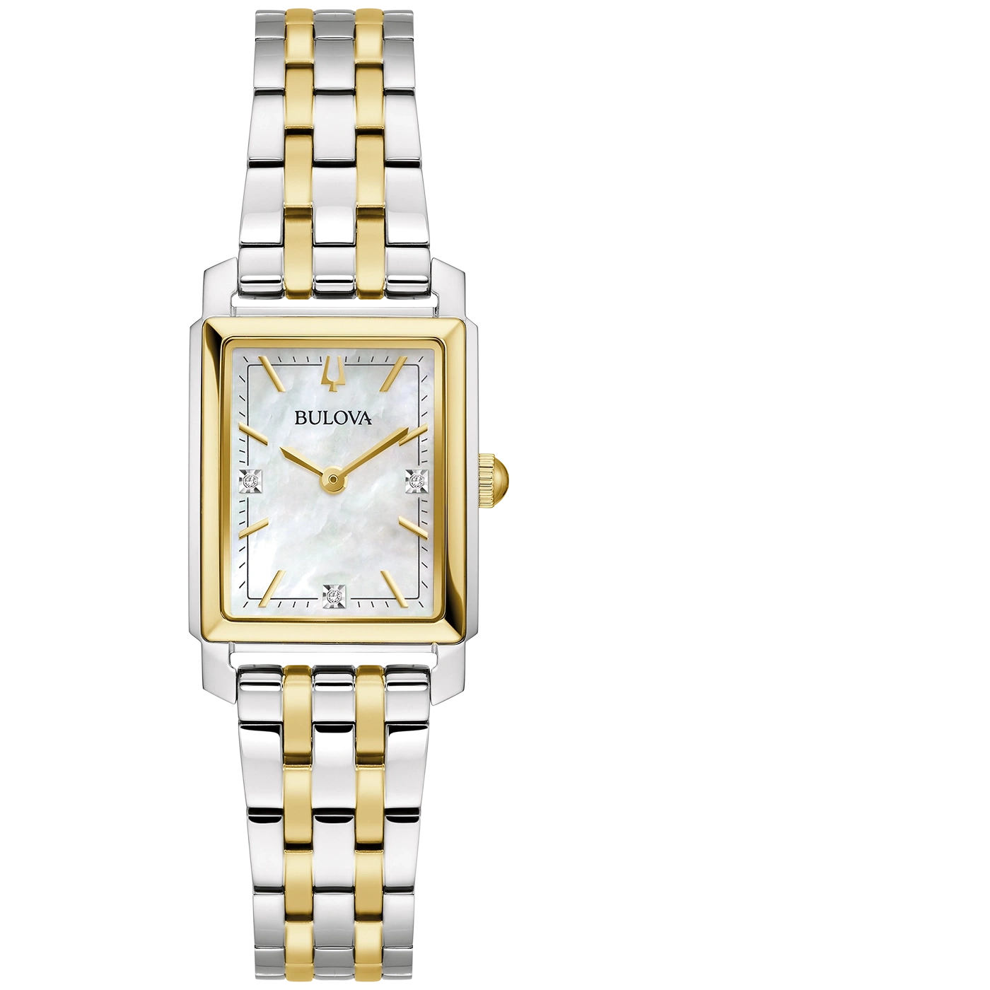 Bulova dameshorloge, rechthoekige wijzerplaat, goudkleurig, zilverkleurige band, sieraden