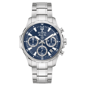 Bulova Marine Star horloge, blauwe wijzerplaat, roestvrijstalen band, chronograaf, waterdicht 100m.