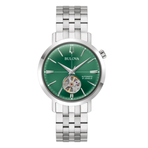 Bulova horloge met groene wijzerplaat en zilveren band, automatisch