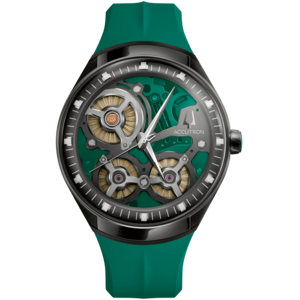 Groen horloge met transparante wijzerplaat en mechanische details.