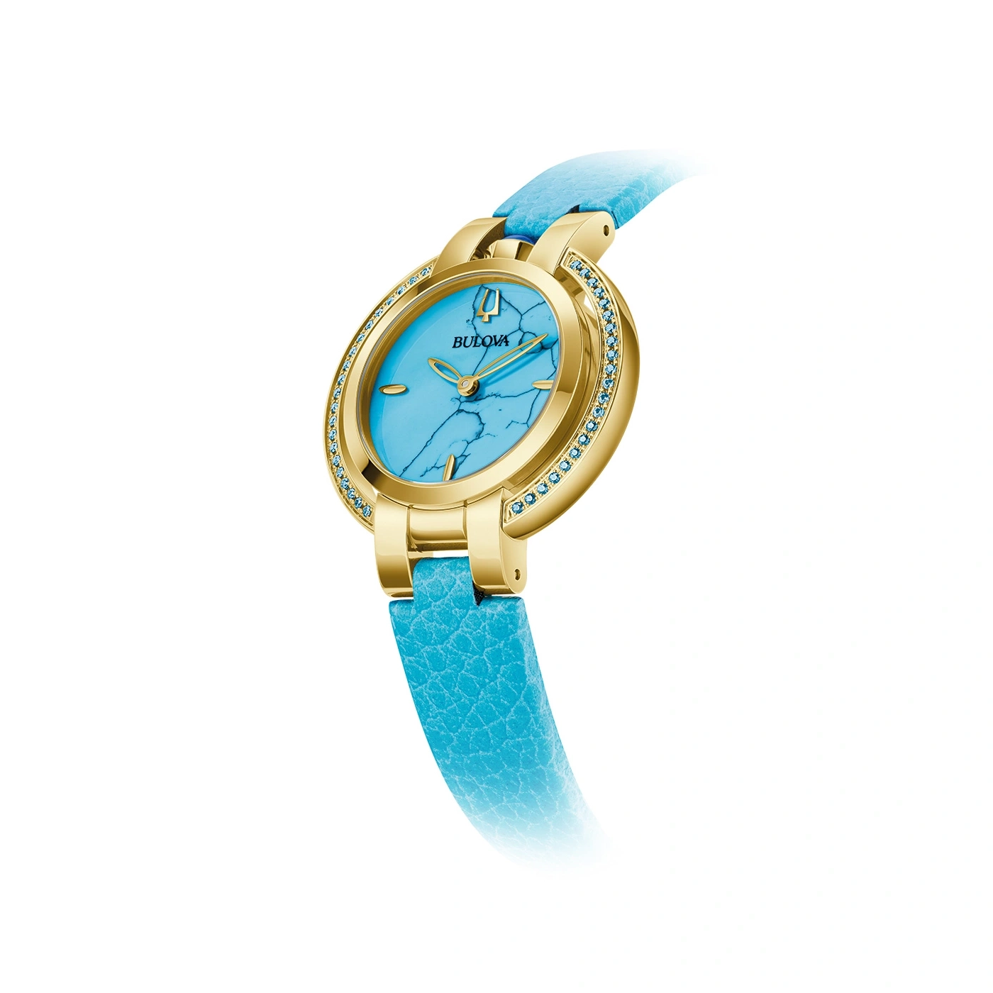 Gouden dameshorloge met blauwe wijzerplaat en bandje, Bulova-logo, sierlijk design.