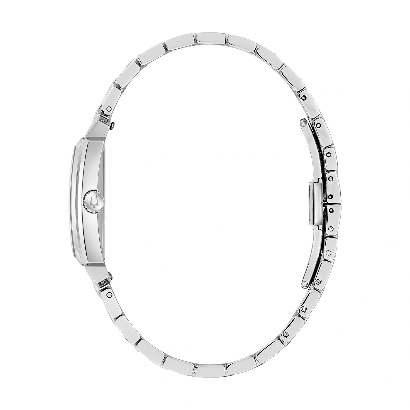Zilveren dameshorloge, zijaanzicht, armband, elegant ontwerp, detailopname, sieraden