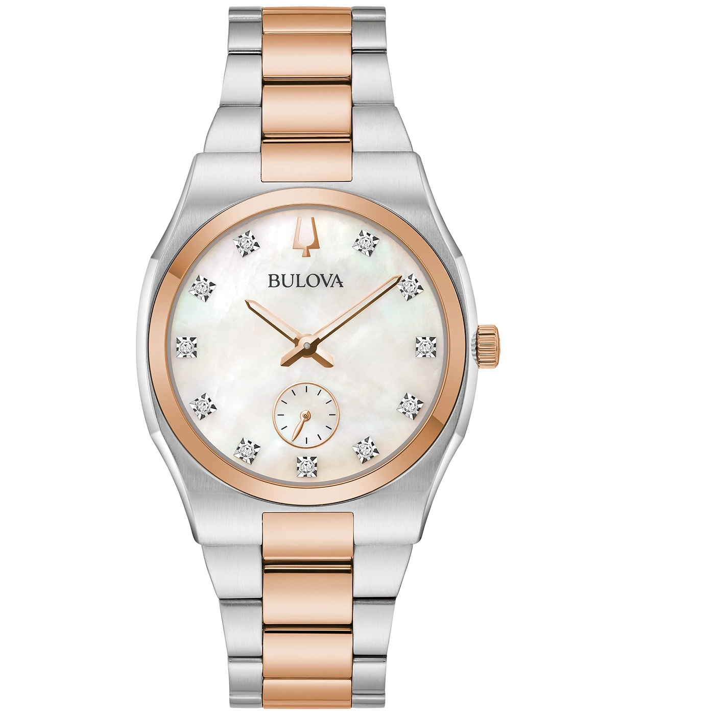 Bulova dameshorloge, zilverkleurige kast, roségouden accenten, diamanten, parelmoer wijzerplaat.