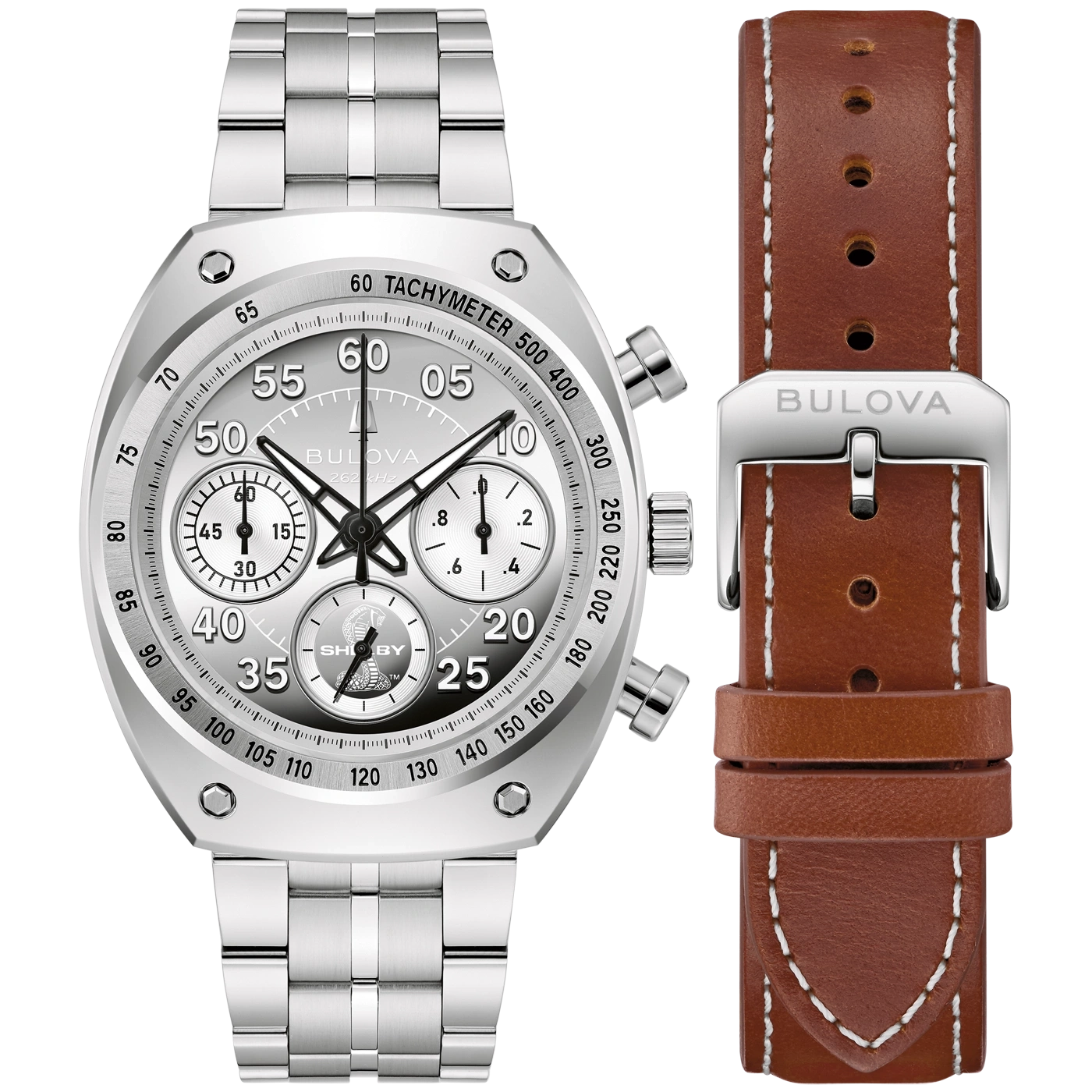 Zilveren Bulova chronograaf wijzerplaat met bruine leren band