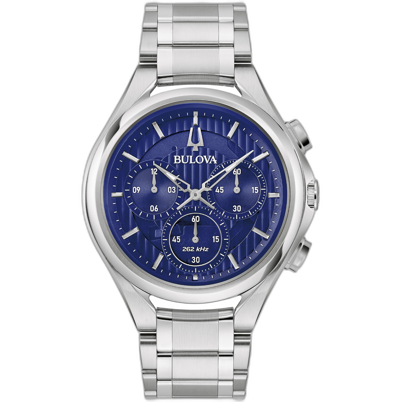 Bulova horloge met blauwe wijzerplaat en zilveren band, chronograaf ontwerp.