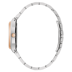 Zijaanzicht van een horloge met zilveren band en roségouden wijzerplaat, elegant