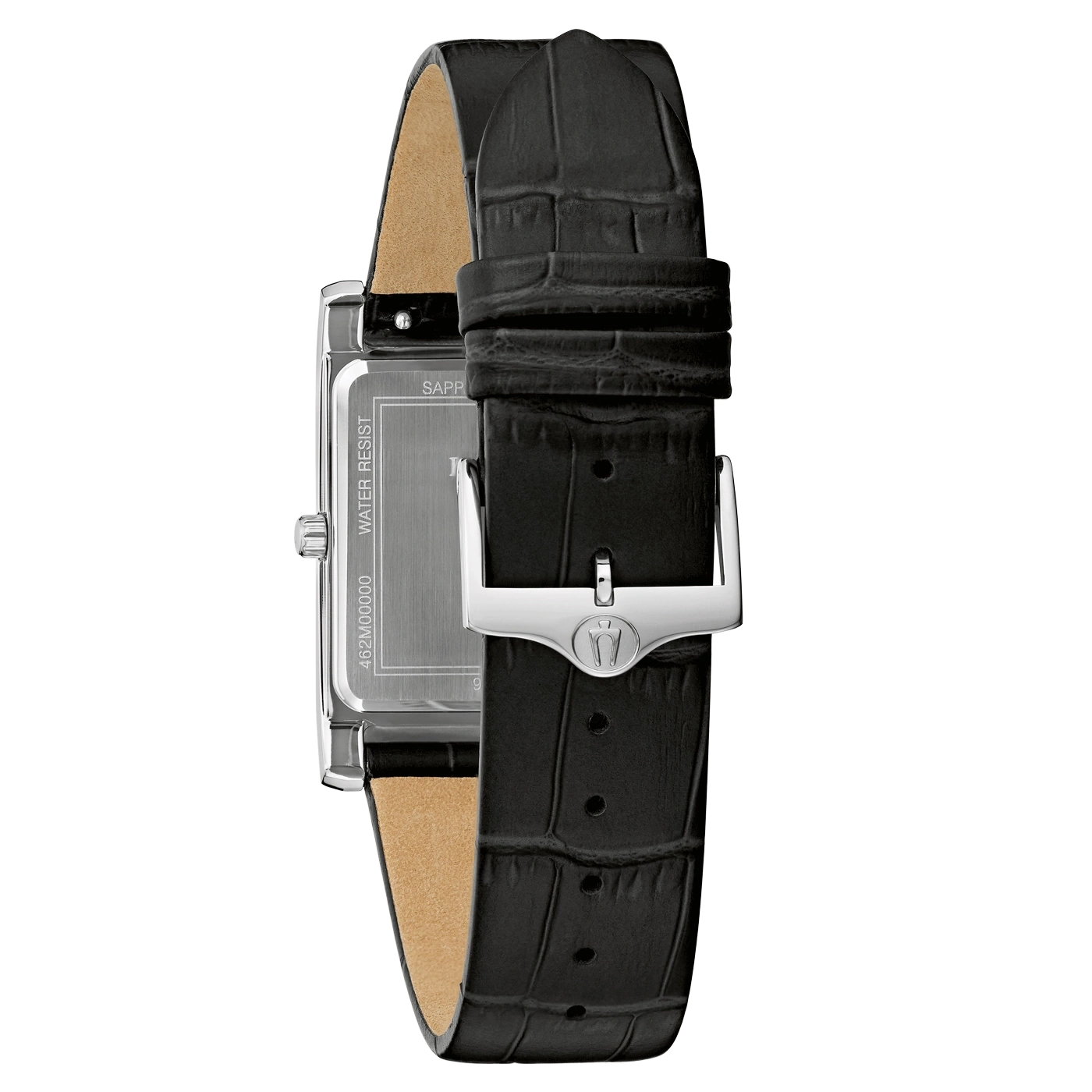 Zwarte horloge met leren band en zilveren gesp, close-up. Mooi design.