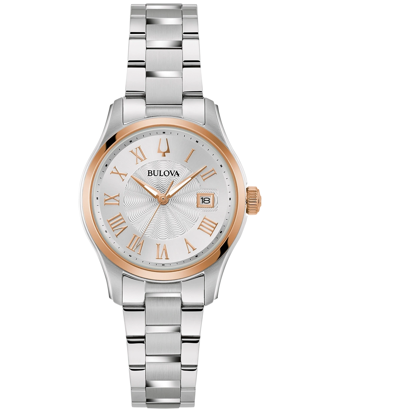 Bulova dameshorloge, zilveren kast, roségouden accenten, Romeinse cijfers, datumweergave