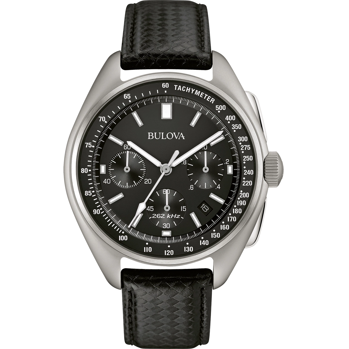 Bulova horloge met zwarte wijzerplaat en leren band, tachymeter functie.
