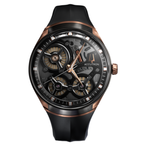 Accutron horloge, zwart, goudkleurig, skeleton, elegant design, luxe