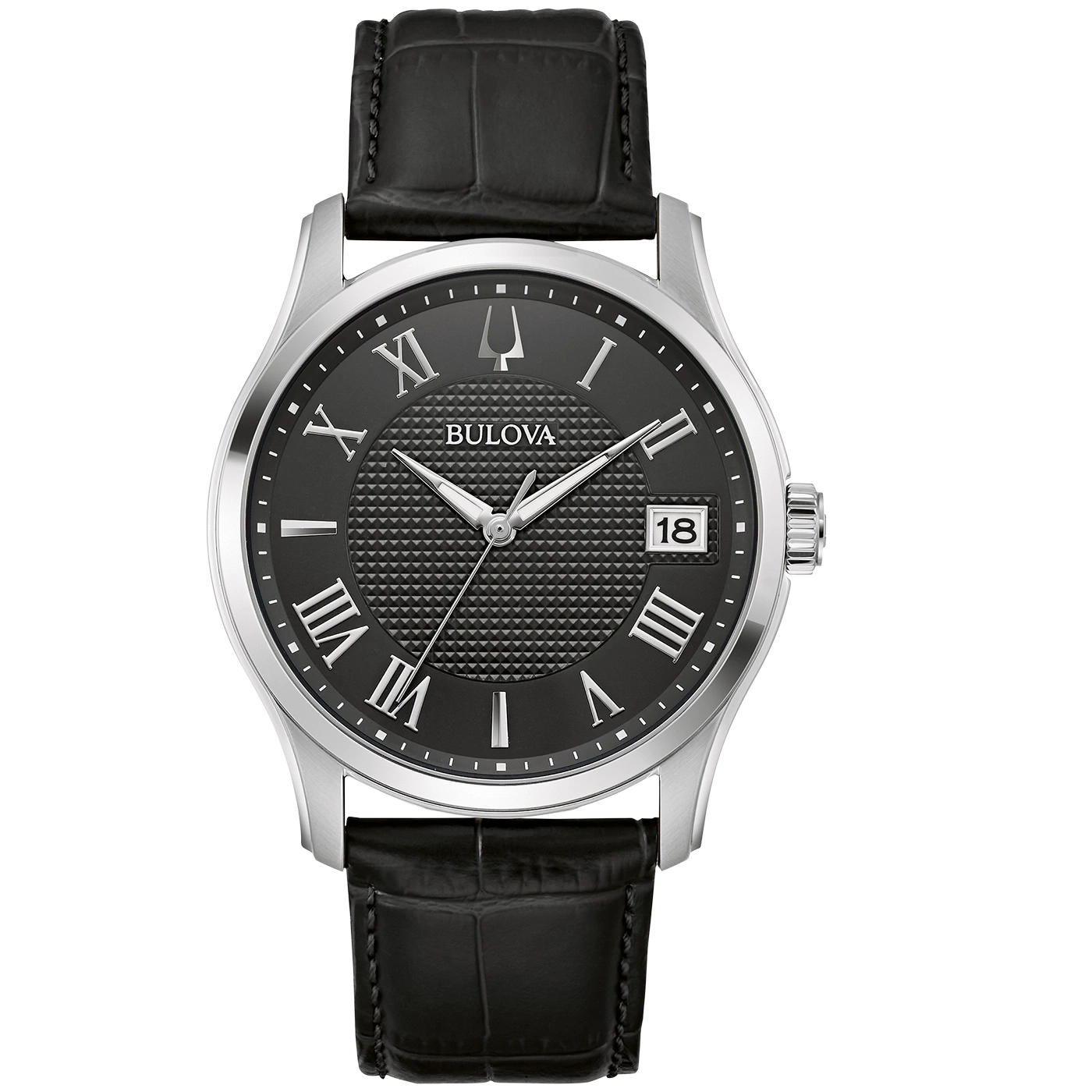 Bulova herenhorloge met zwarte wijzerplaat en leren band, stijlvol design.