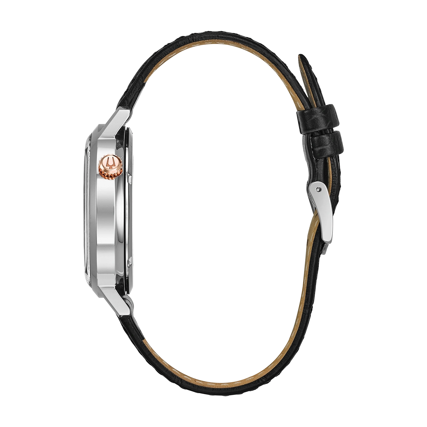 Horloge met zwart lederen band en zilveren kast, close-up detail