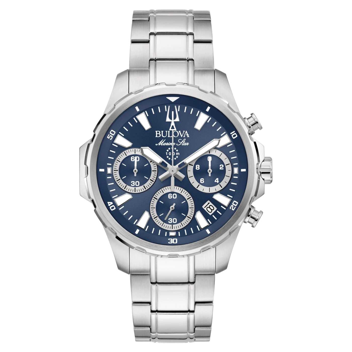 Bulova Marine Star horloge, blauwe wijzerplaat, roestvrijstalen band, chronograaf, waterdicht 100m.