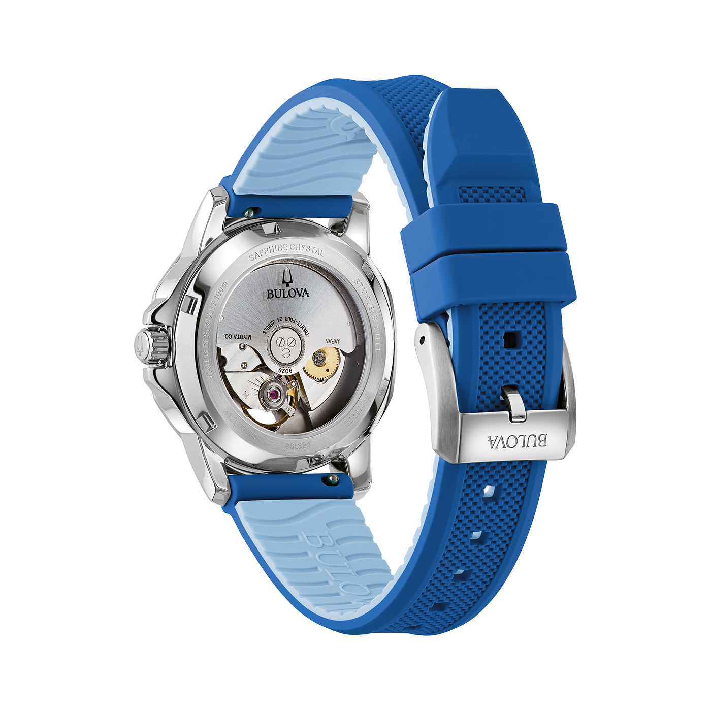 Bulova horloge met blauwe band, saffierglas, roestvrij staal, Japans uurwerk