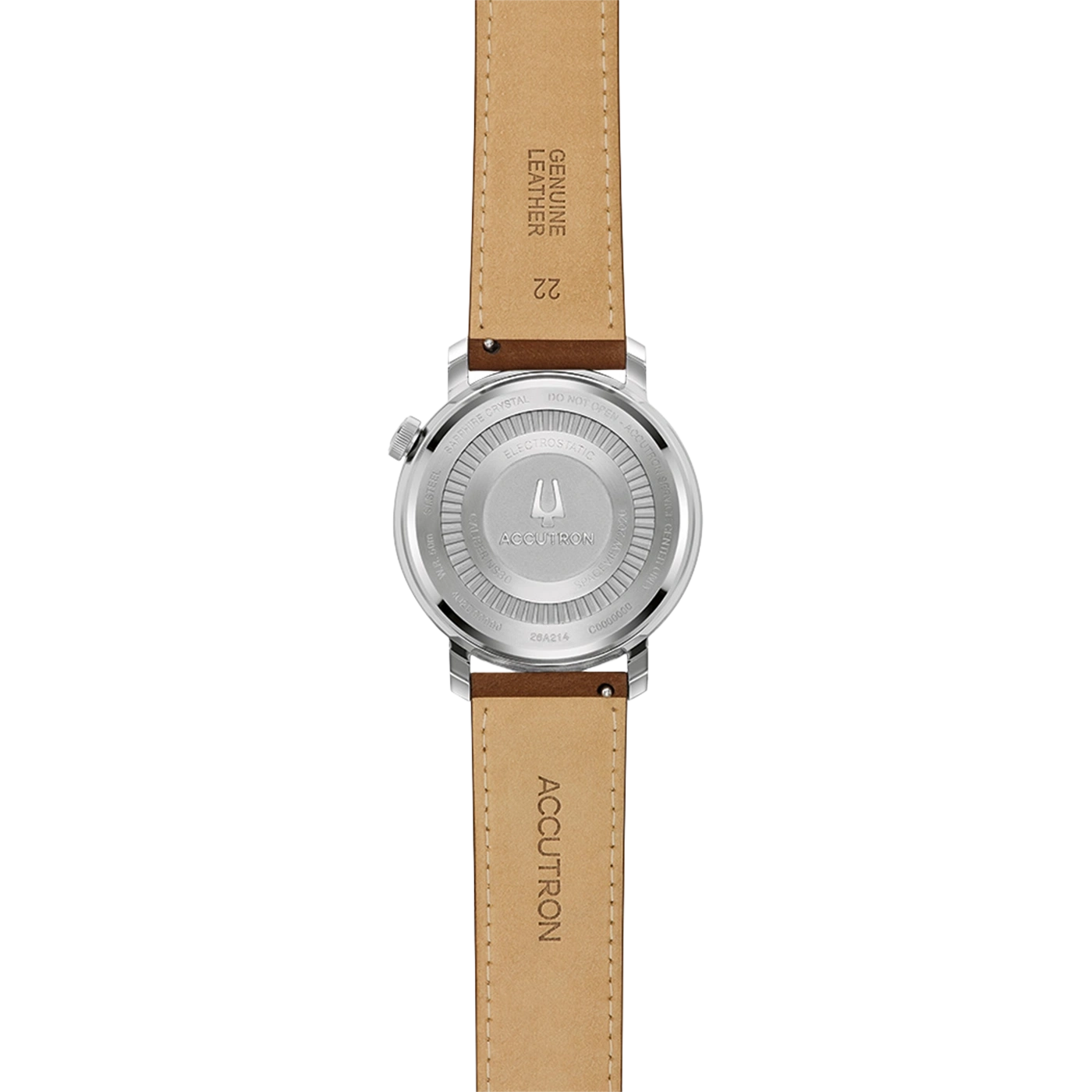 De achterkant van een Accutron horloge met bruine leren band.