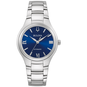 Bulova horloge met blauwe wijzerplaat en zilveren band. Automatisch uurwerk.