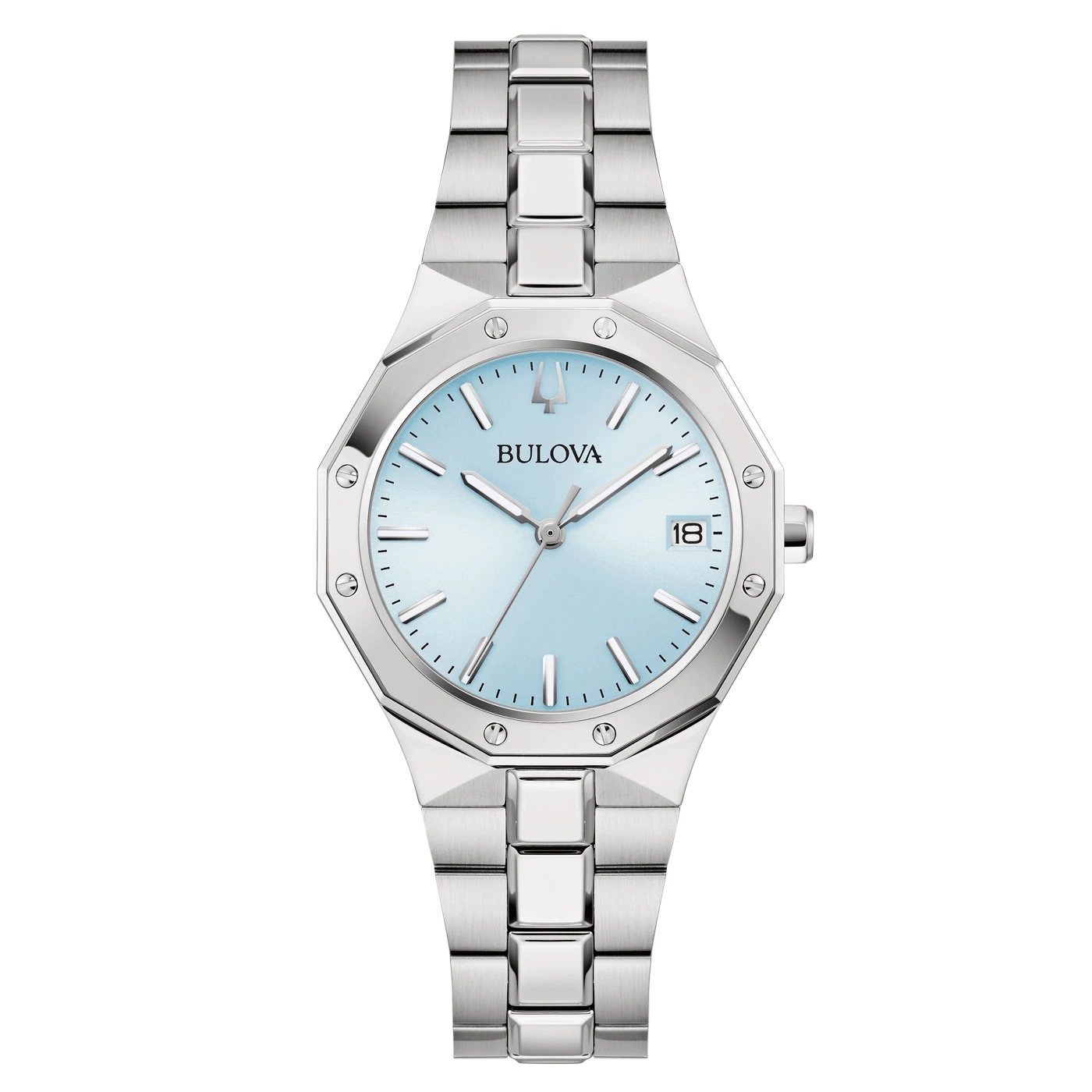 Bulova horloge met lichtblauwe wijzerplaat en zilveren band, stijlvol design.