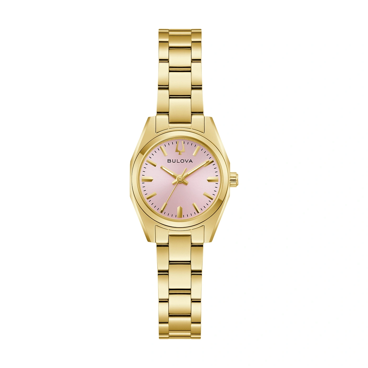 Gouden Bulova horloge met roze wijzerplaat en gouden armband