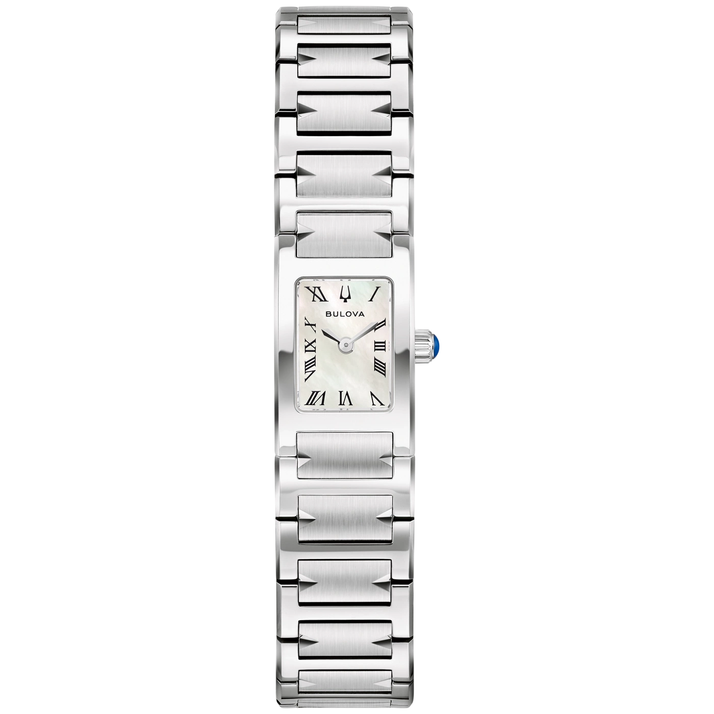 Een elegante witte Bulova dameshorloge met Romeinse cijfers op een zilveren band.