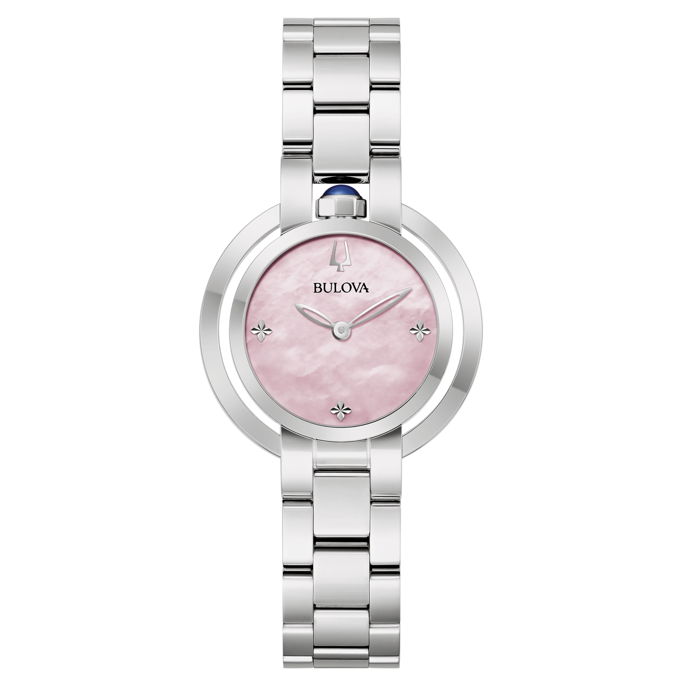 Bulova dameshorloge, roze wijzerplaat, zilveren band, elegant design, sieradenhorloge