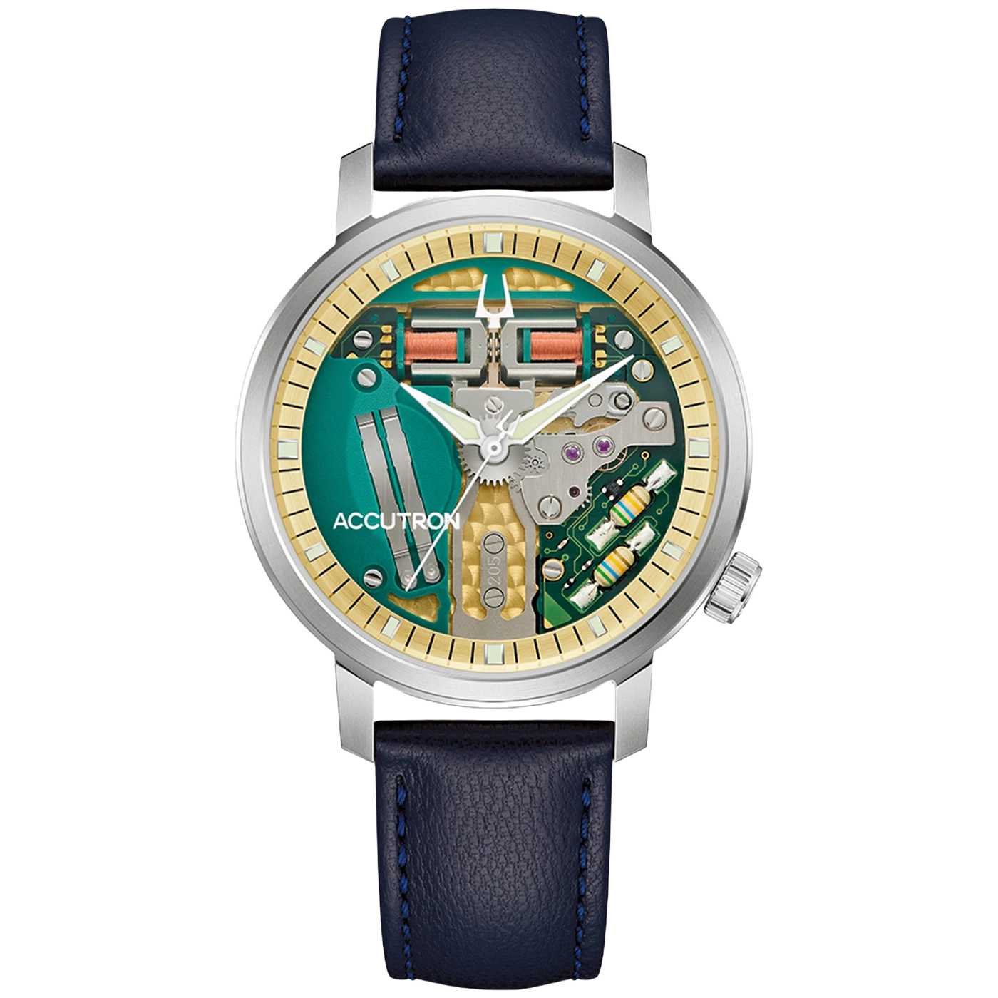 Een Accutron horloge met blauwe leren band en open wijzerplaat.