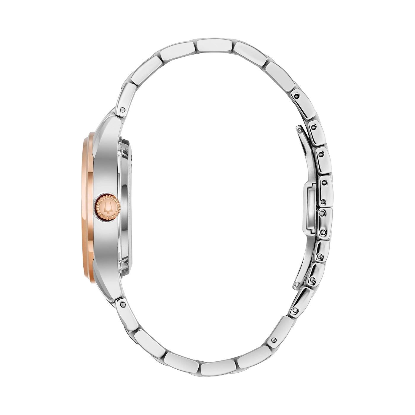Horloge, zilveren band, roségouden wijzerplaat, zijaanzicht, elegant ontwerp, accessoire, mode