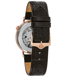 Bruin leren horloge met roségouden kast en open uurwerk
