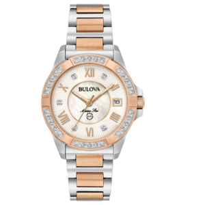 Bulova dameshorloge, roségoud, diamanten, parelmoer wijzerplaat, datumweergave, Marine Star