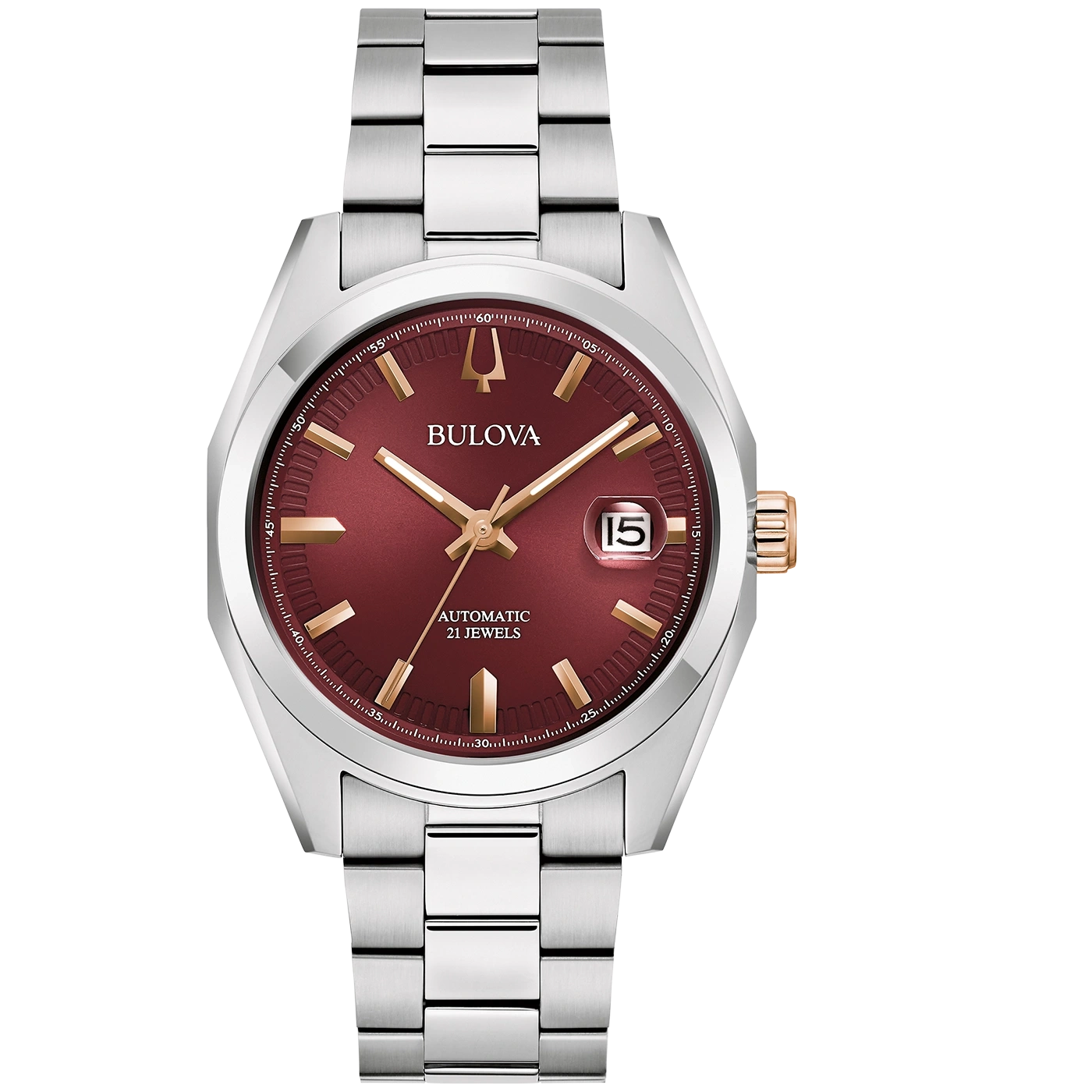 Bulova horloge met rode wijzerplaat, automatisch, 21 juwelen, datumweergave, roestvrijstalen band.