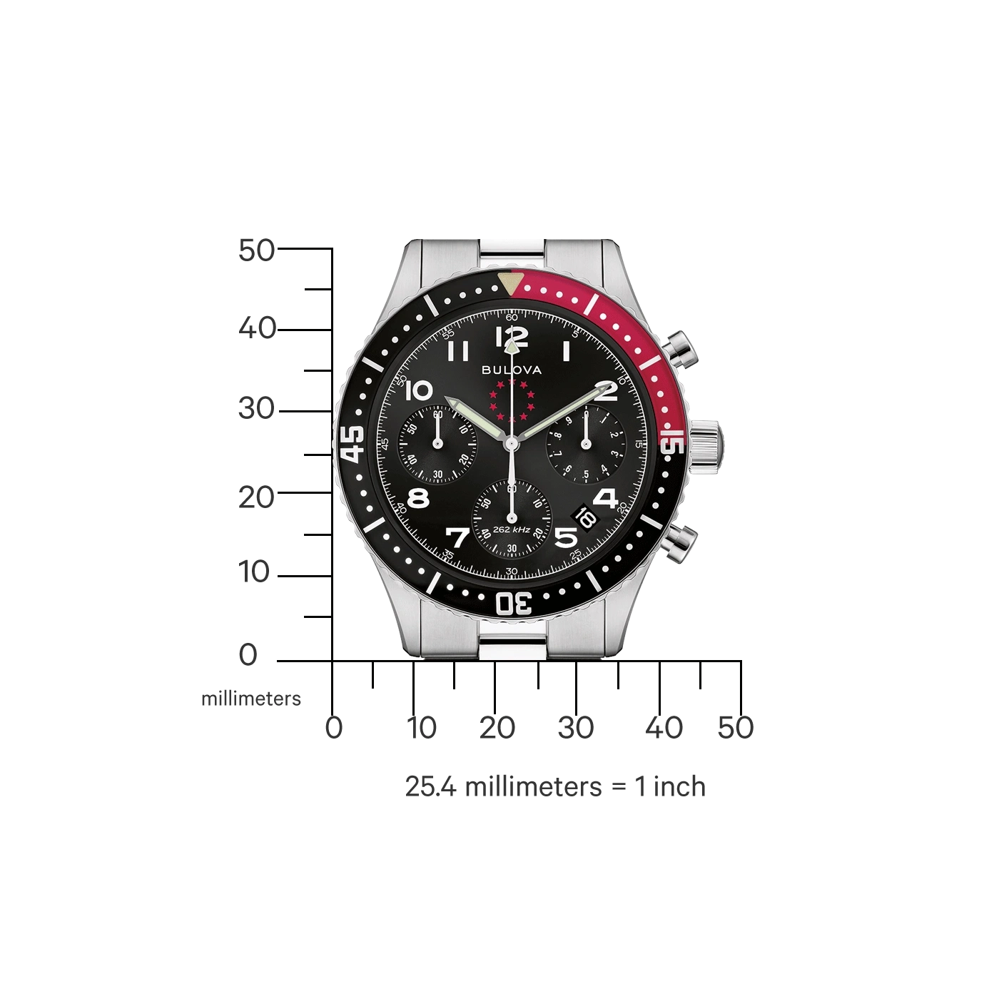 Horloge met zwarte wijzerplaat en rode lunette, met millimeterschaal en tekst.