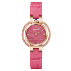 Bulova dameshorloge, roze wijzerplaat, roze band, goudkleurige kast, sieraden