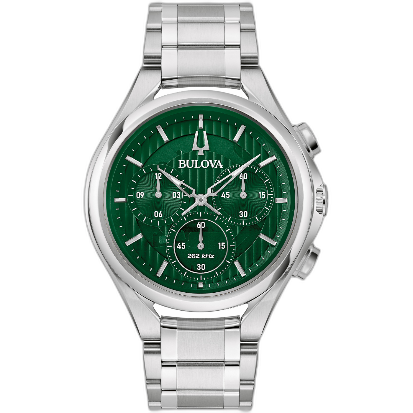 Bulova horloge met groene wijzerplaat en zilveren band, chronograaf ontwerp.